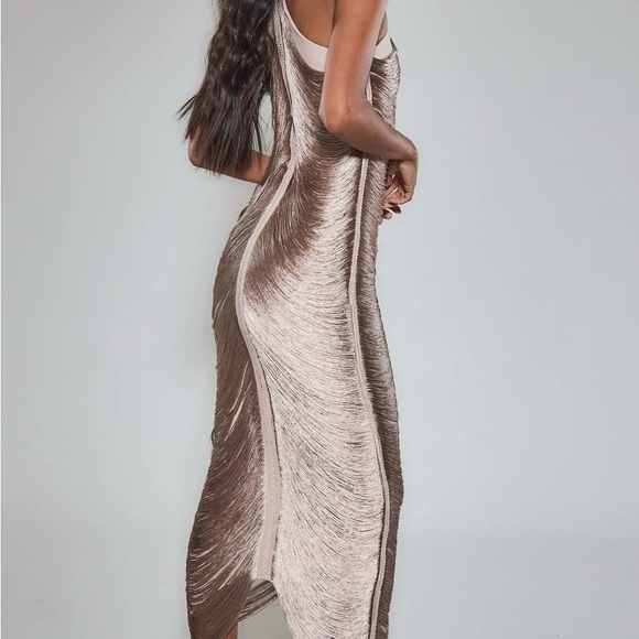 Rare London Gold Fringe Detail Halter Maxi Dress - Picture 3 of 7